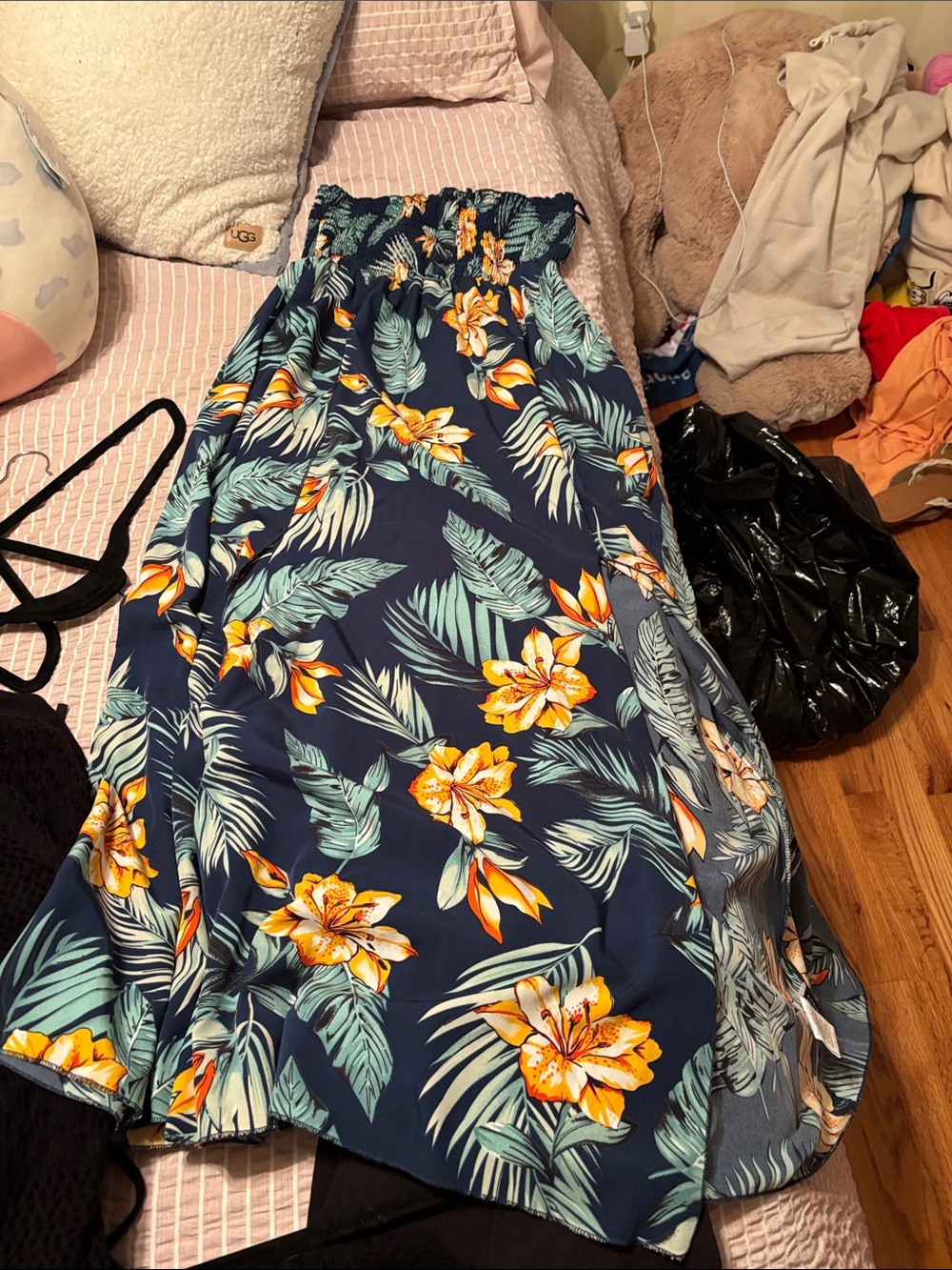 Floral Navy strapless dress with Yellow Blooms